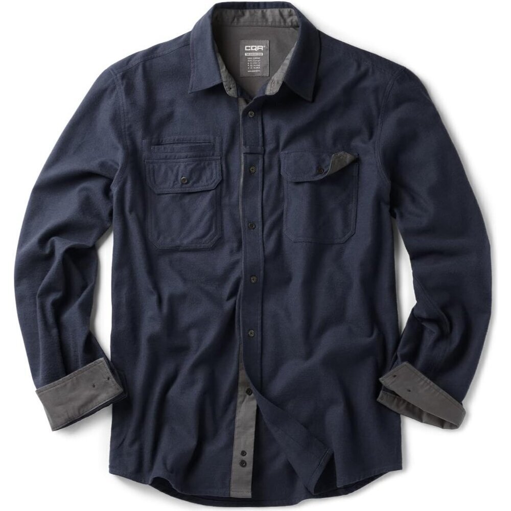 Mens Solid Navy Cotton Flannel Shirt Long Sleeve Casual Outdoor Plaid